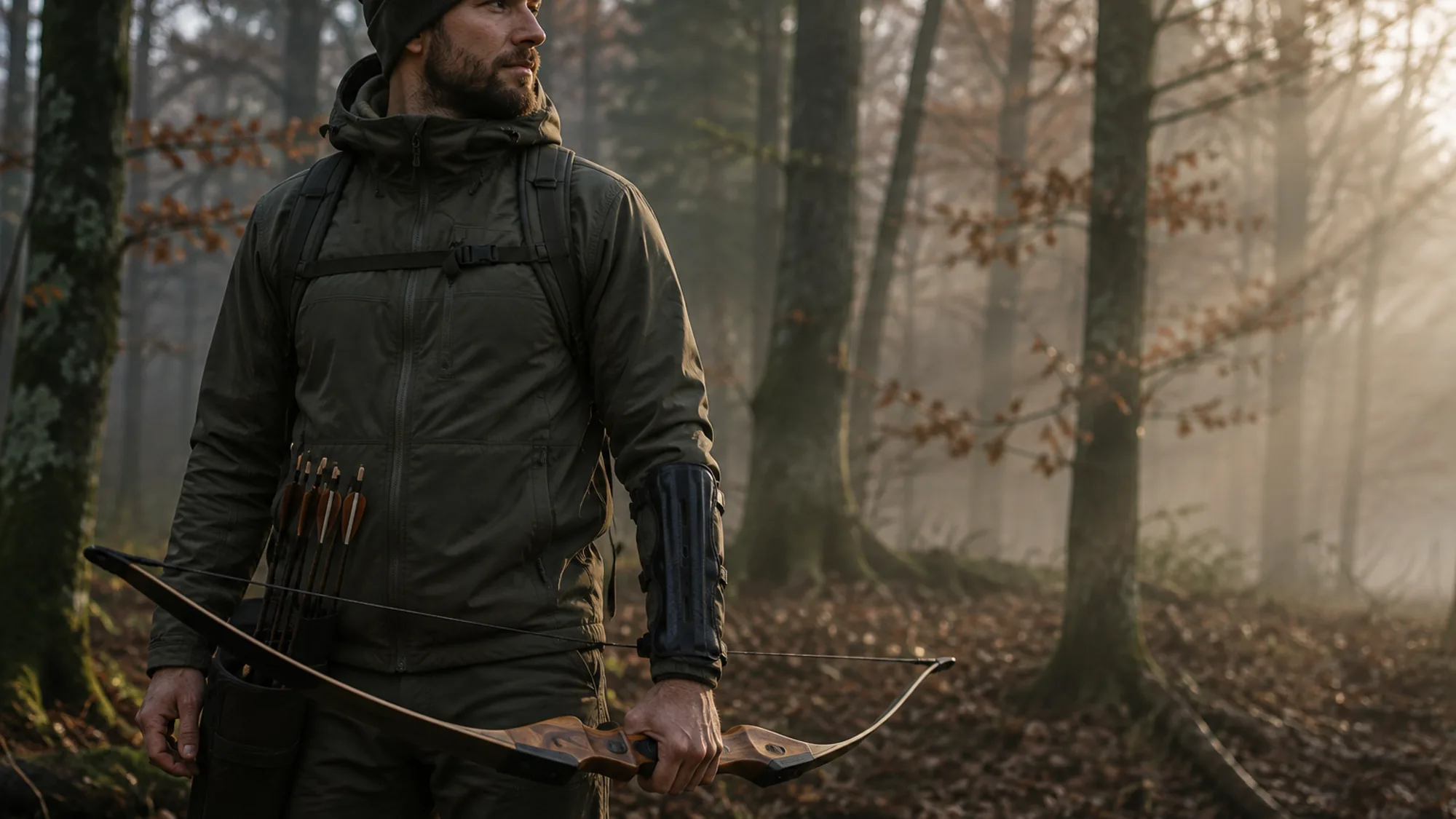 Bowhunter at dawn in autumn woods, bow held low, the arm guard strapped over an olive jacket sleeve