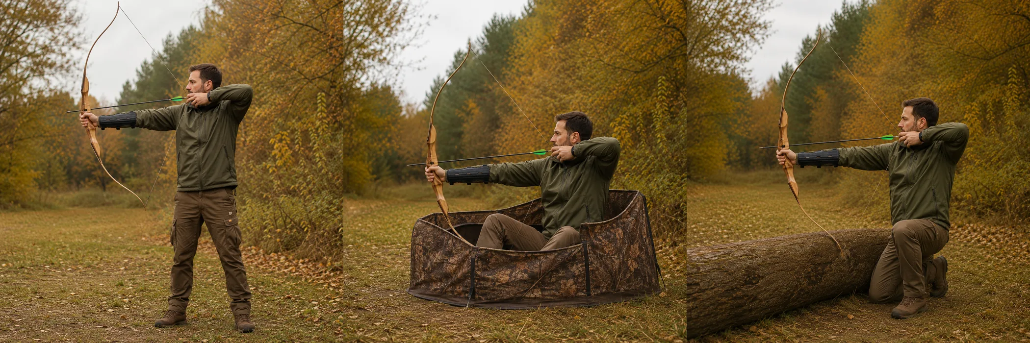 The same bowhunter shown standing, seated in a ground blind and kneeling behind a log, wearing the arm guard in each position