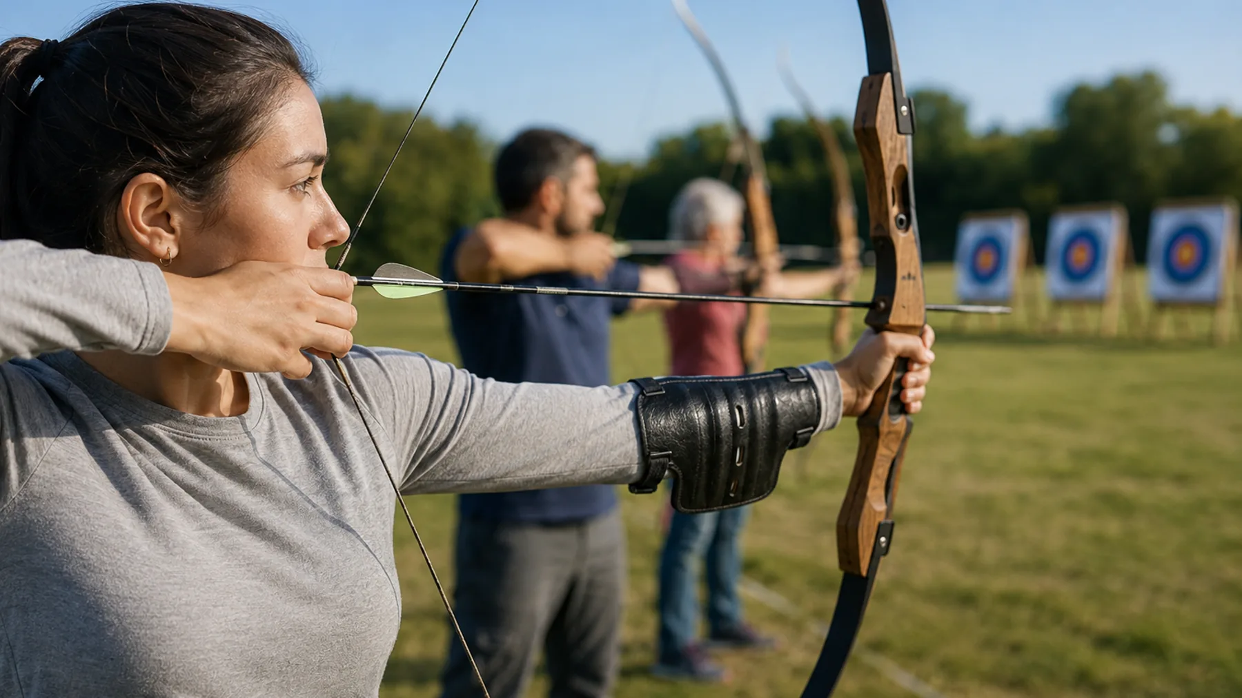 Three adult archers of different ages on a club shooting line, the archer in focus wearing the arm guard
