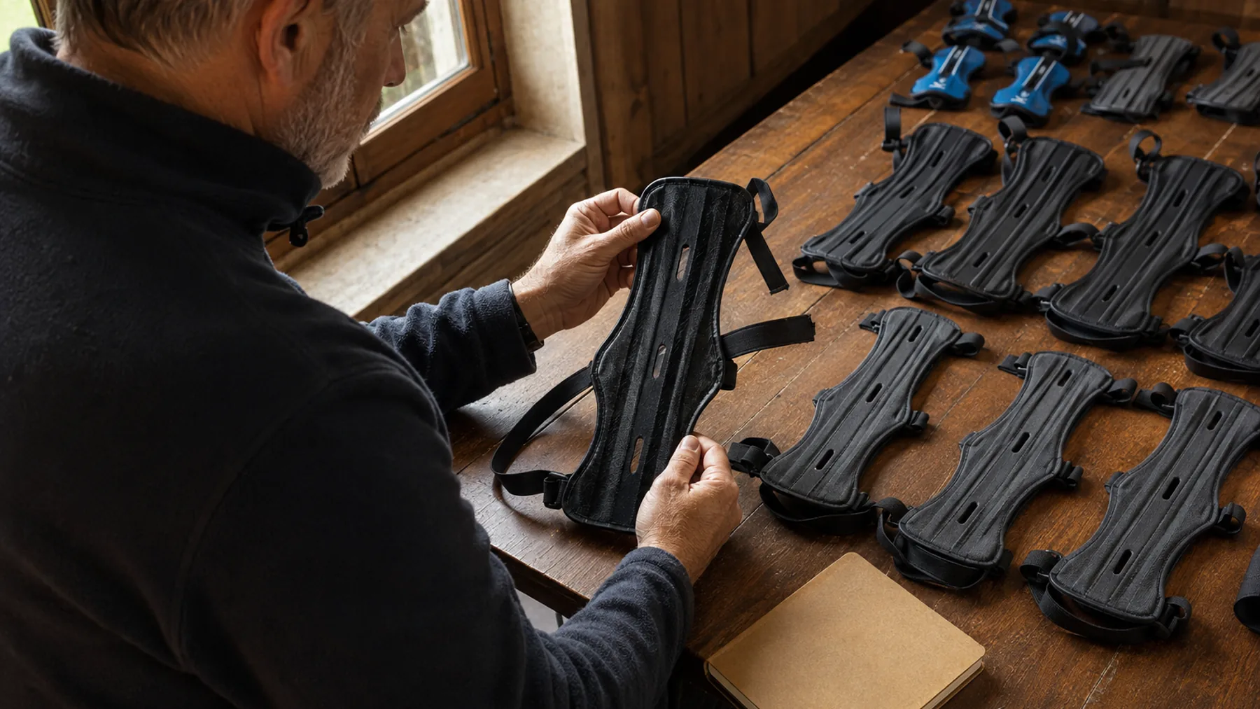 Club manager inspecting a batch of arm guards laid out on a wooden table before a session