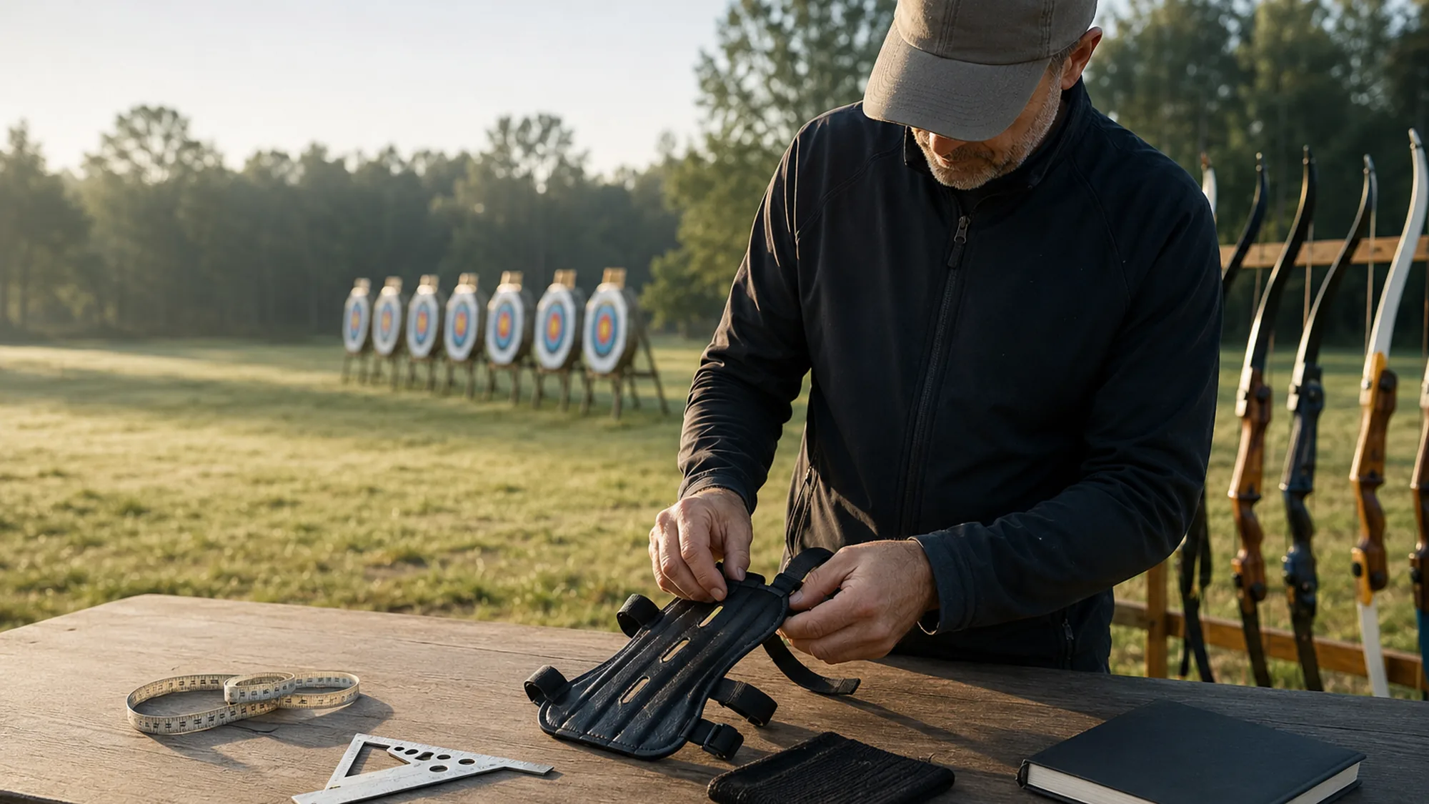 Coach preparing an arm guard on a table before a session, targets and a bow rack in the background