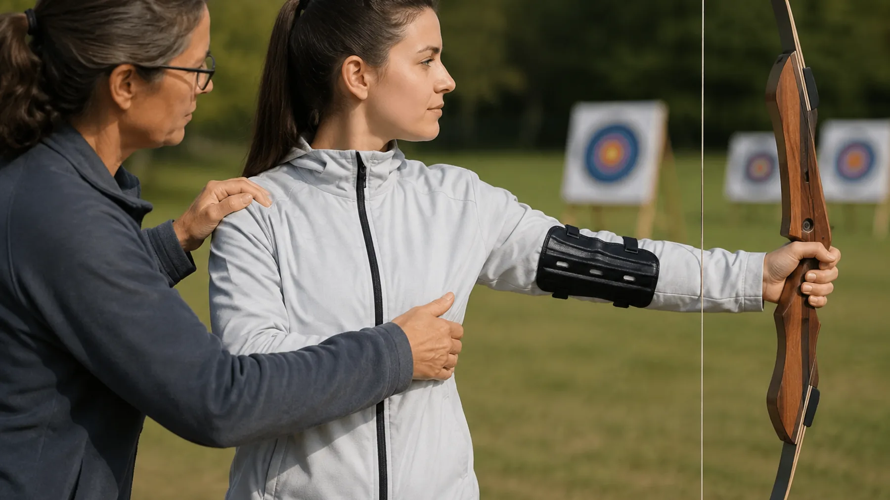 Coach turning a beginner's bow elbow outward, the arm guard already strapped on the forearm