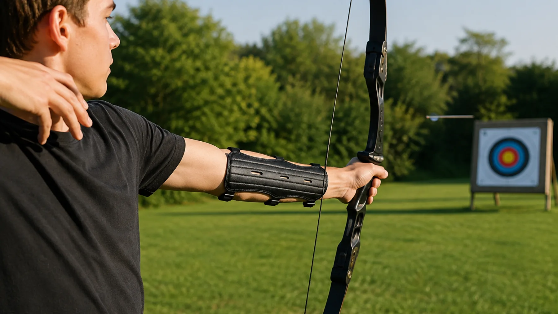 Archer holding a steady bow arm just after release, arm guard visible on the forearm