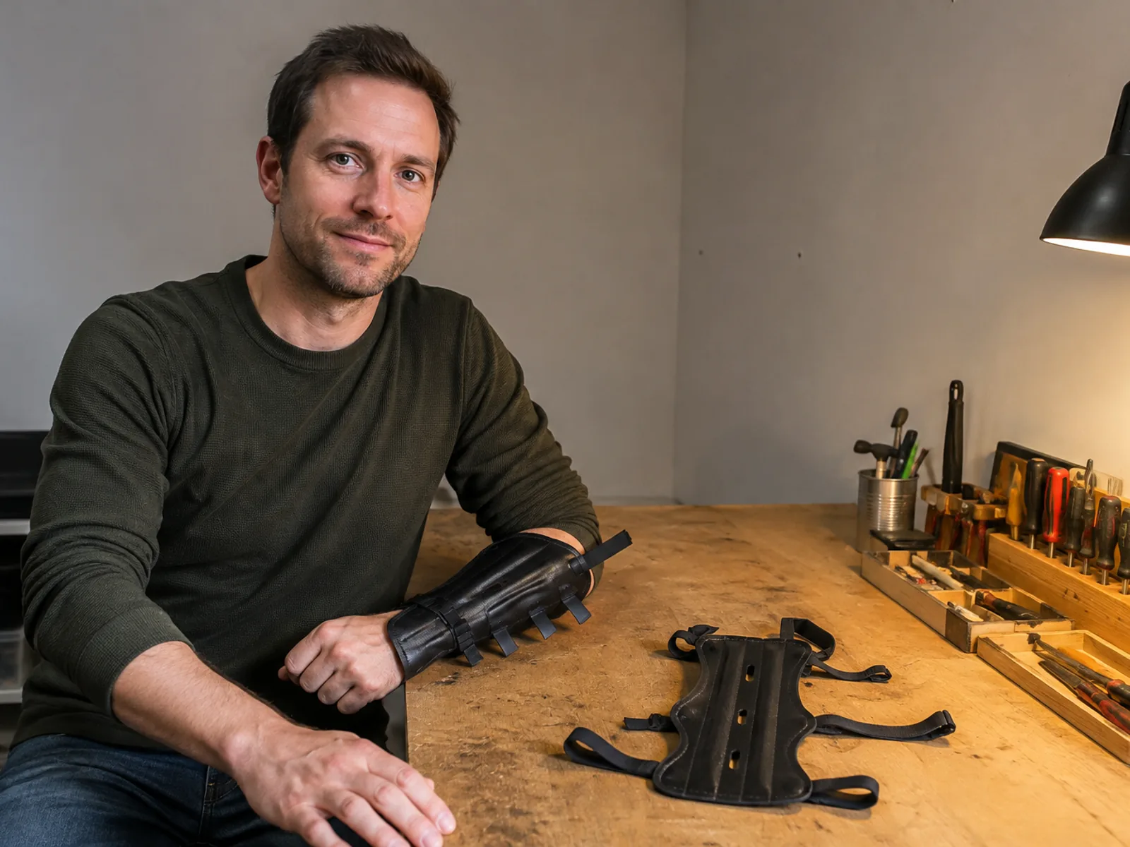 Maker at a bare workshop bench wearing a custom black finned gauntlet, an unmodified arm guard lying separately on the bench