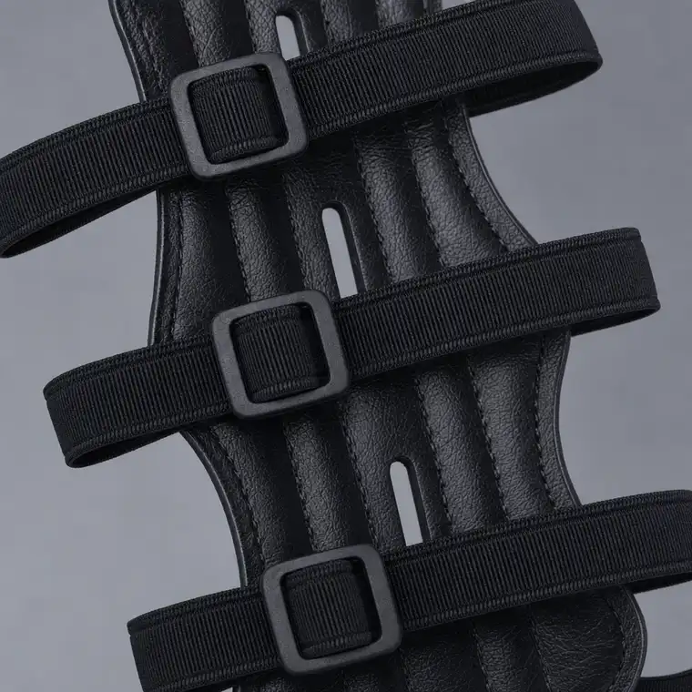 Close-up of the three elastic straps and sliding buckles on the back of the arm guard
