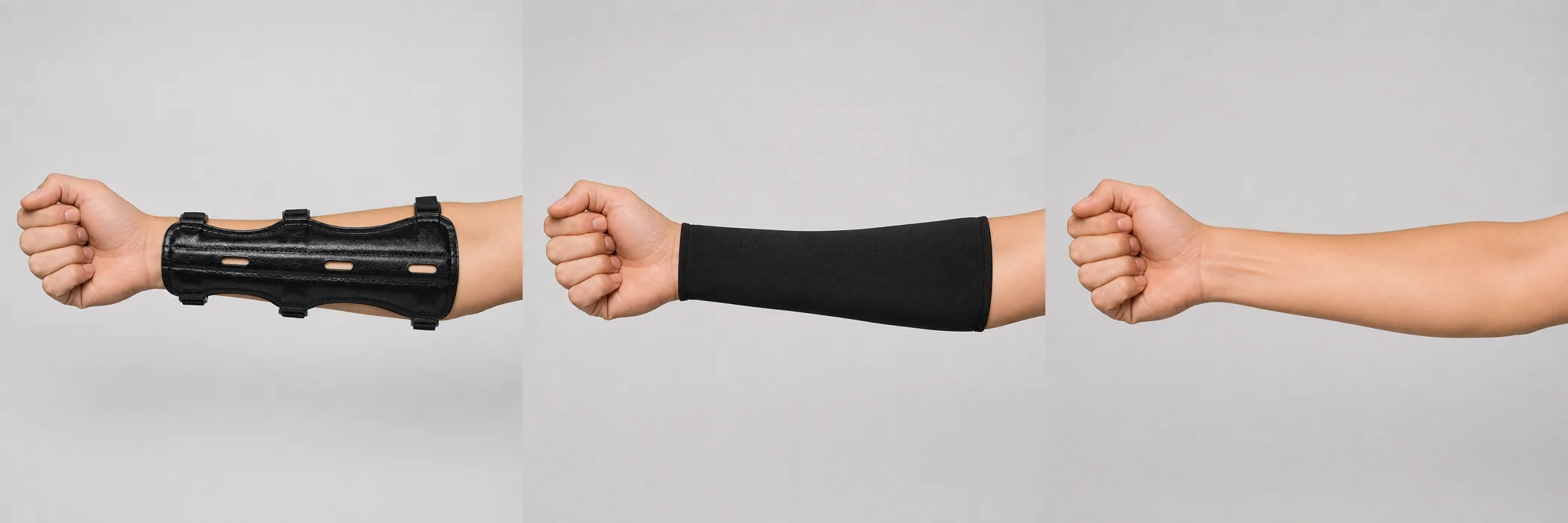 Same forearm shown three times, wearing the rigid arm guard, then an elastic sleeve, then nothing at all
