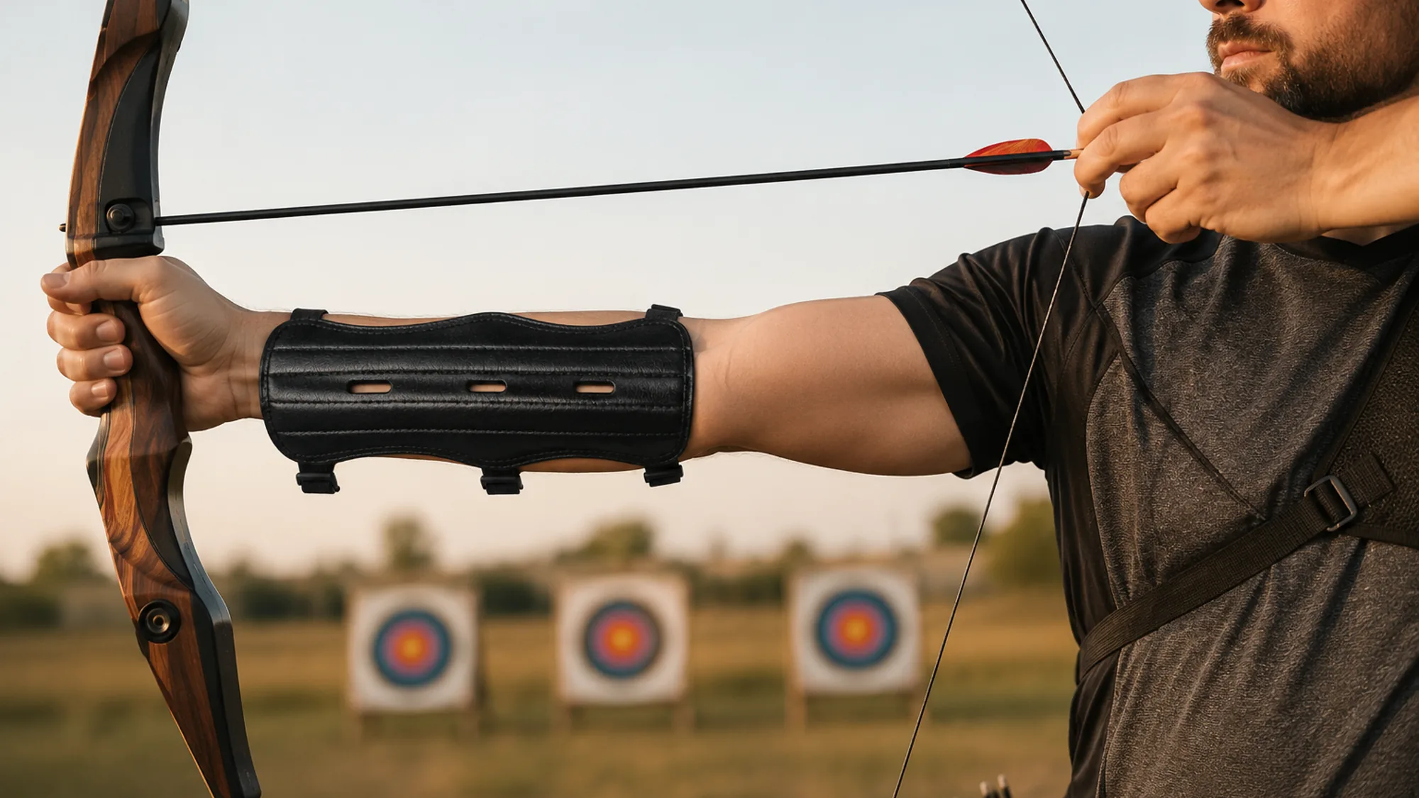 Right-handed archer at full draw on an outdoor range, the black three-strap arm guard on the inner left forearm