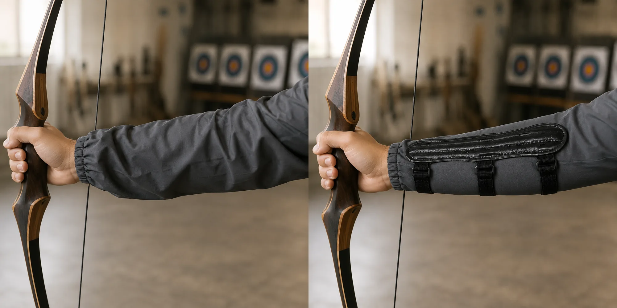 Bow arm with a loose jacket sleeve bunching in the string path, then the same sleeve compressed flat under the arm guard