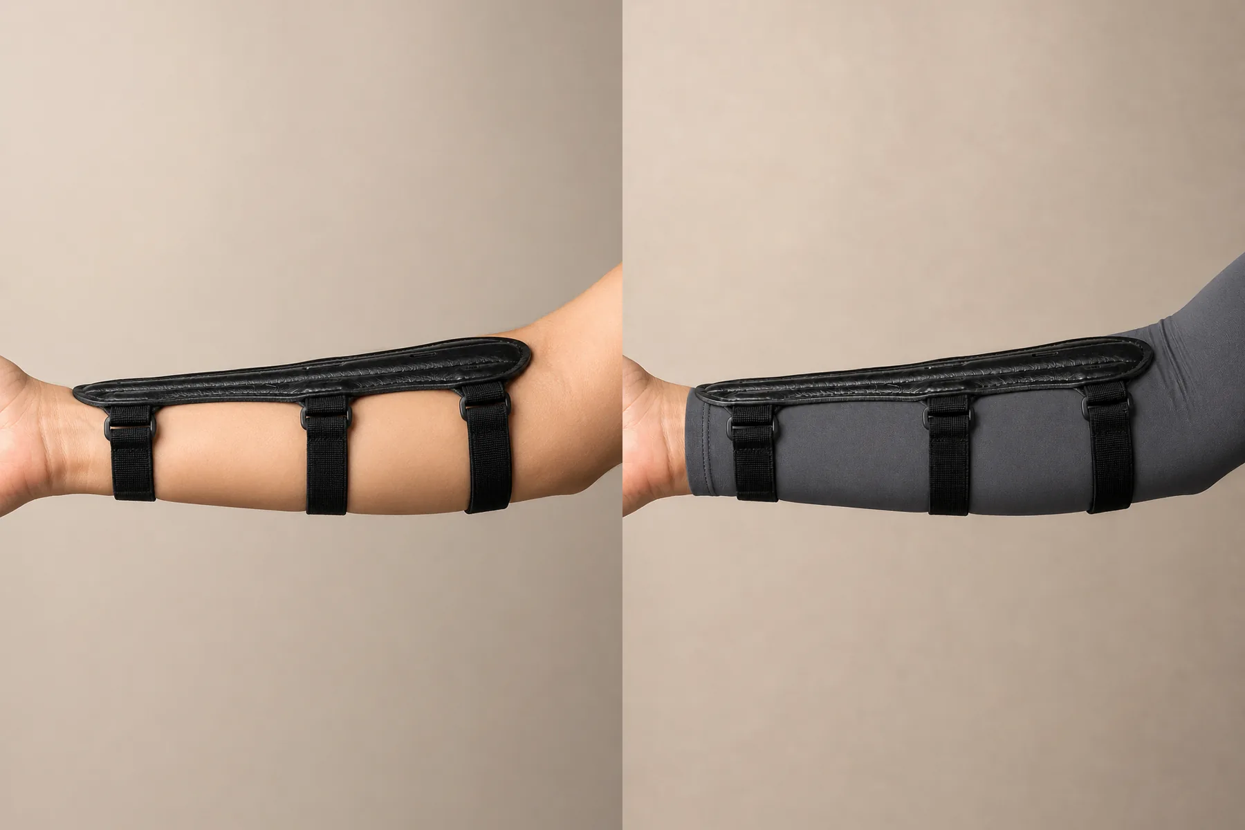Same forearm side by side, arm guard on bare skin and then worn over a thin technical sleeve, showing how little it adds