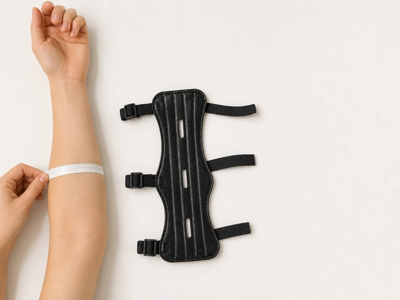 Overhead view of a soft tape measure around a bare forearm with the arm guard laid flat and open beside it