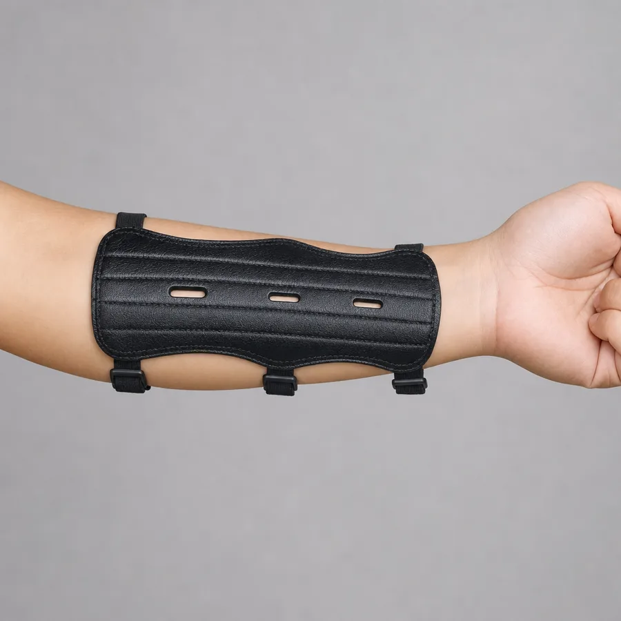 The arm guard worn on the inner forearm of an archer's bow arm