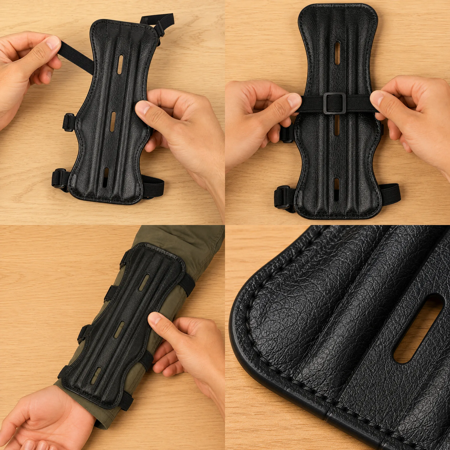 Four close views of a pre-season check, stretching a strap, testing a buckle, pushing the plate to test rotation, and inspecting the stitching