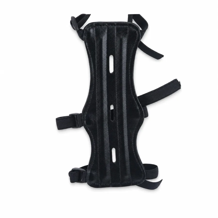 Fletchguard three-strap archery arm guard laid flat with the straps extended