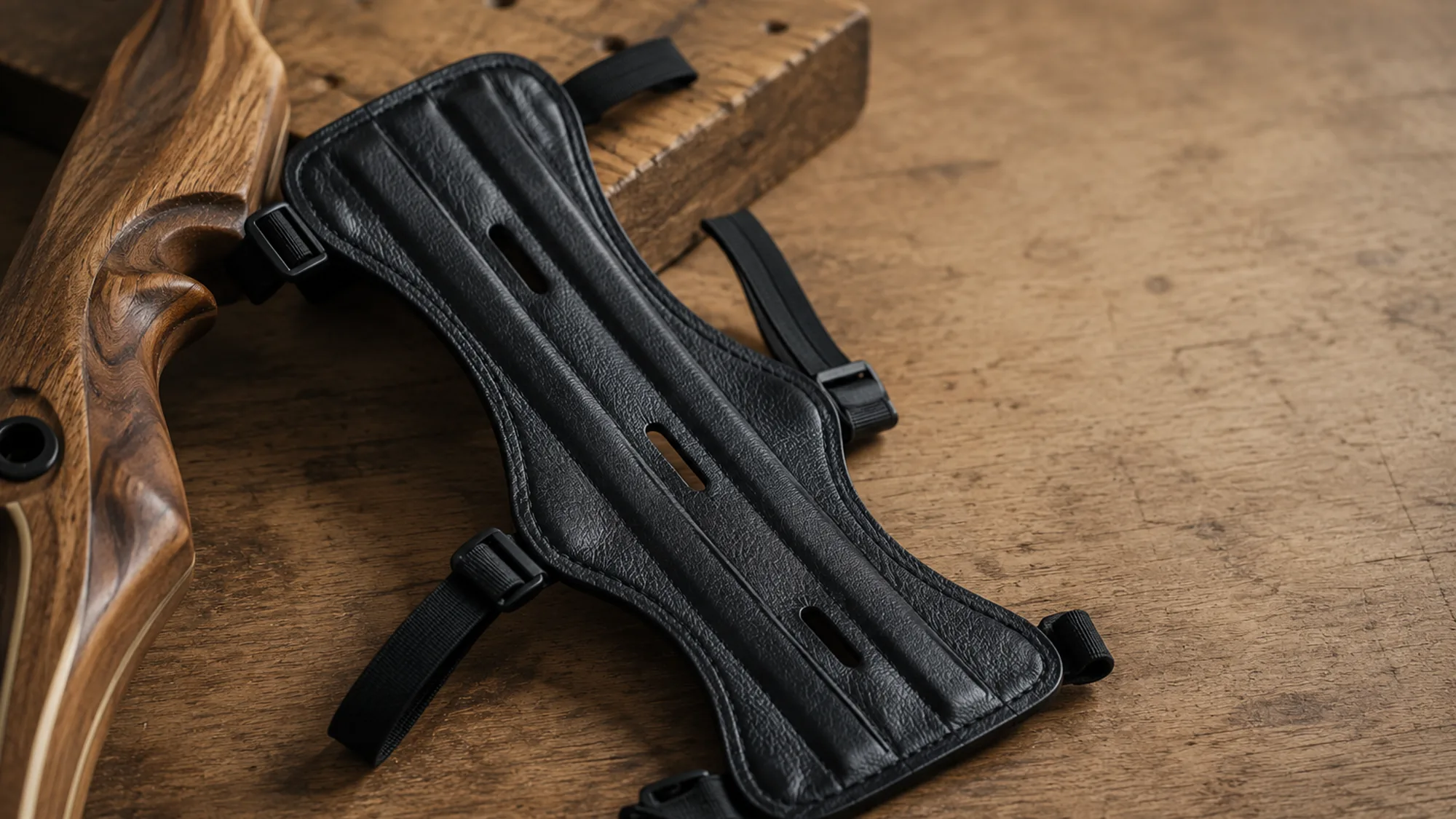 The black grained PU arm guard laid diagonally on a bowyer workbench beside a wooden bow riser