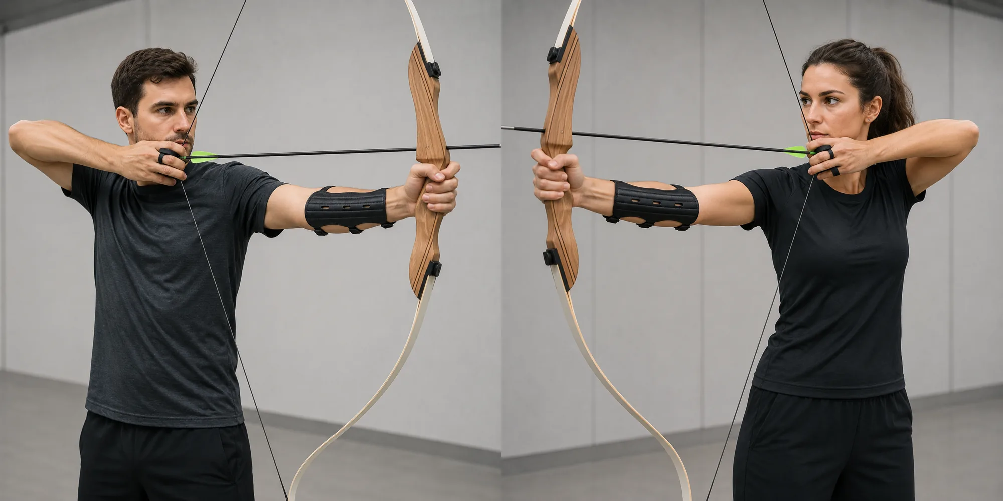 Right-handed archer and left-handed archer side by side, each wearing the arm guard on the forearm of the arm holding the bow