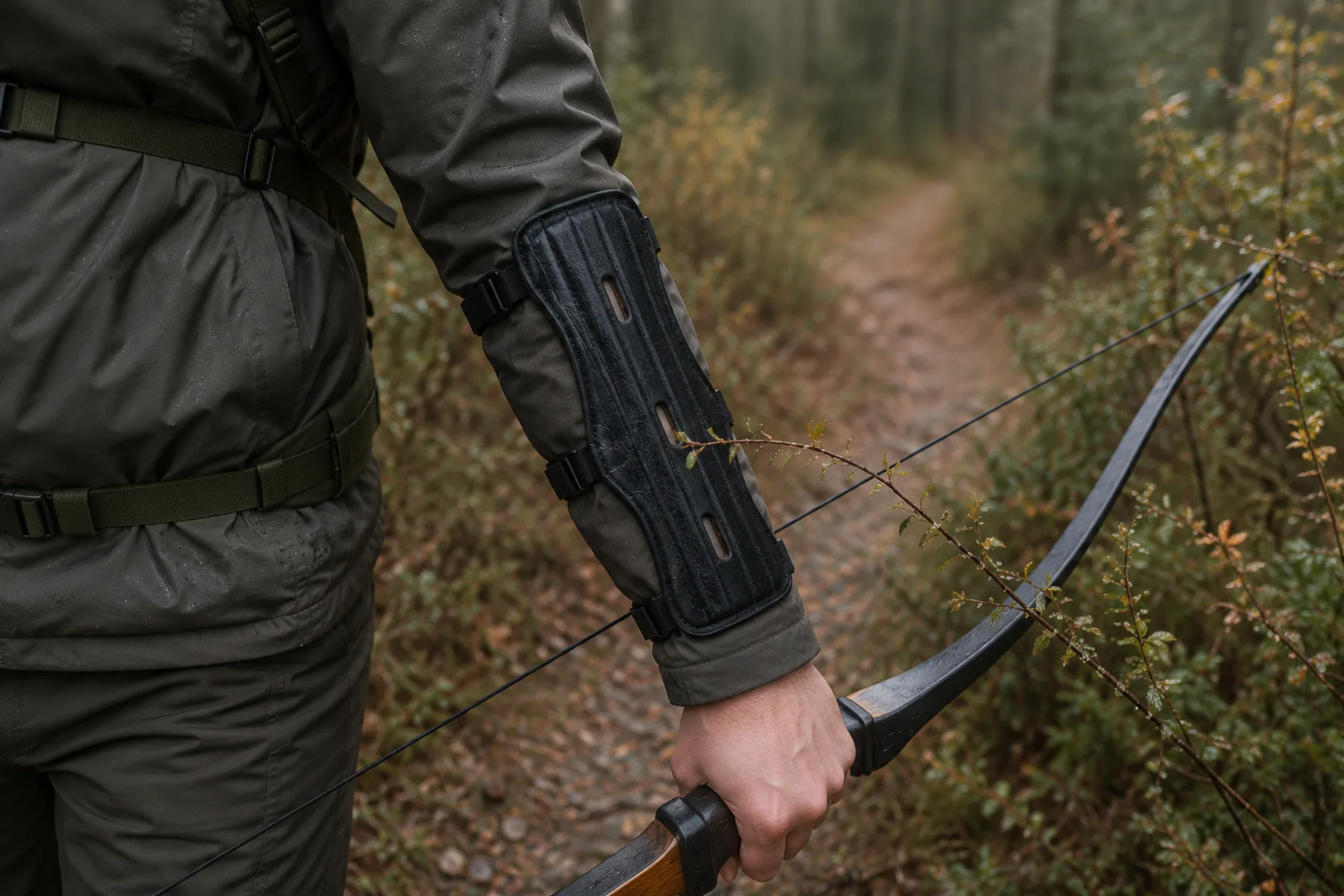 Field archer on a brushy trail, a springy branch sliding off the smooth face of the arm guard worn over a thick jacket
