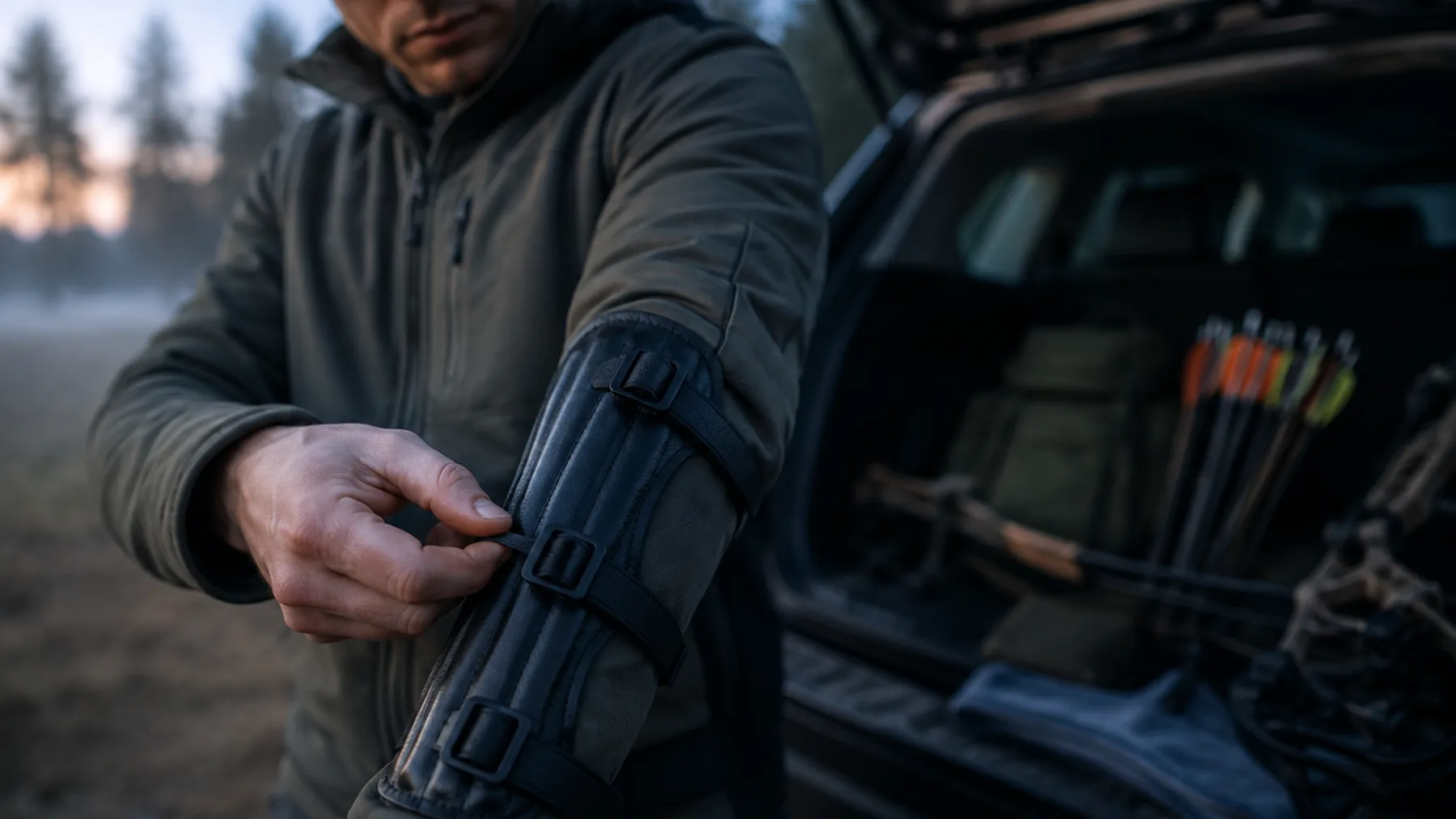 Archer tucking the free end of the centre strap into its buckle beside a parked vehicle at first light