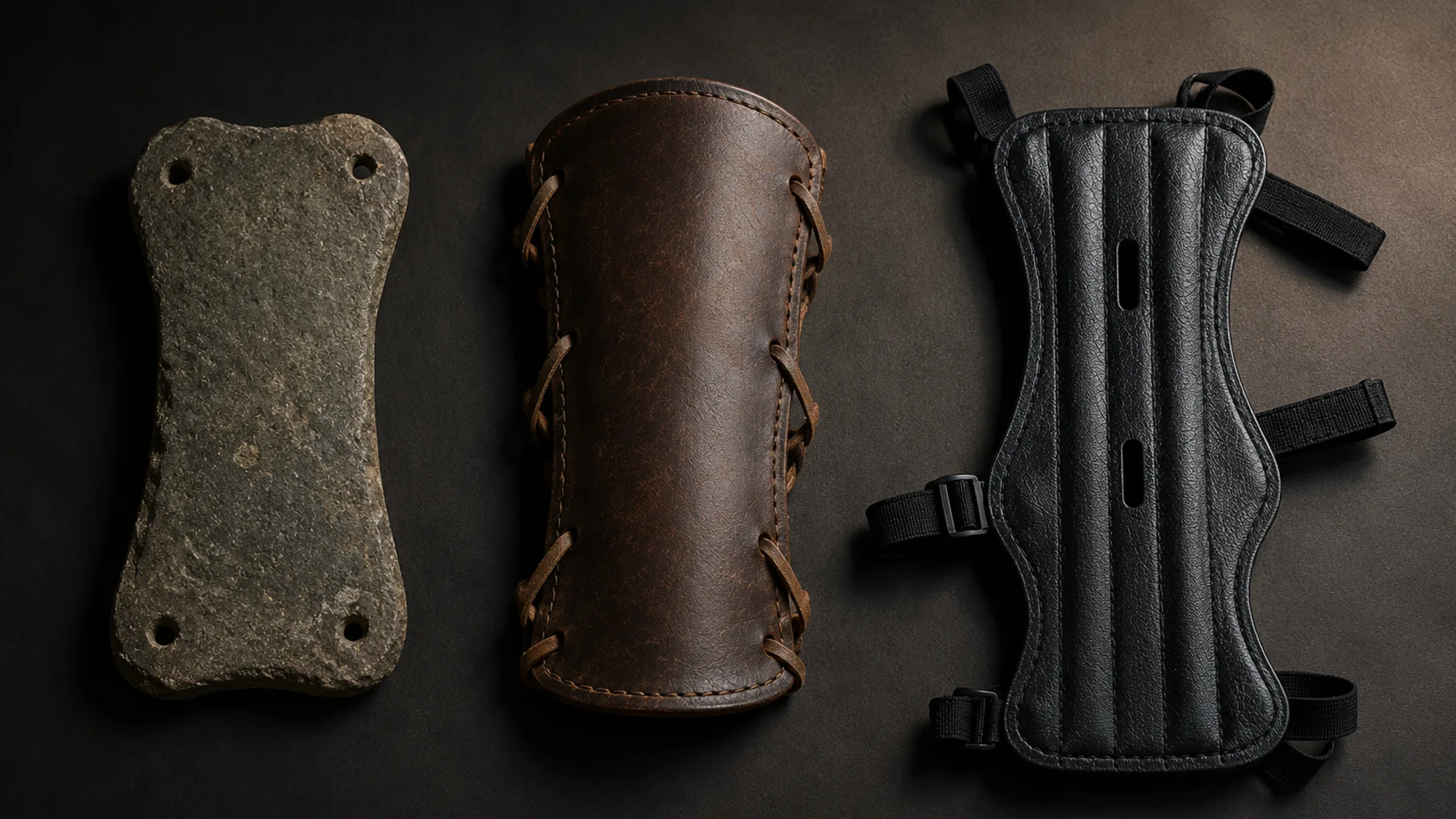 Three forearm guards side by side: a drilled stone bracer, a laced brown leather bracer, and the black Fletchguard plate on elastic straps with sliding buckles