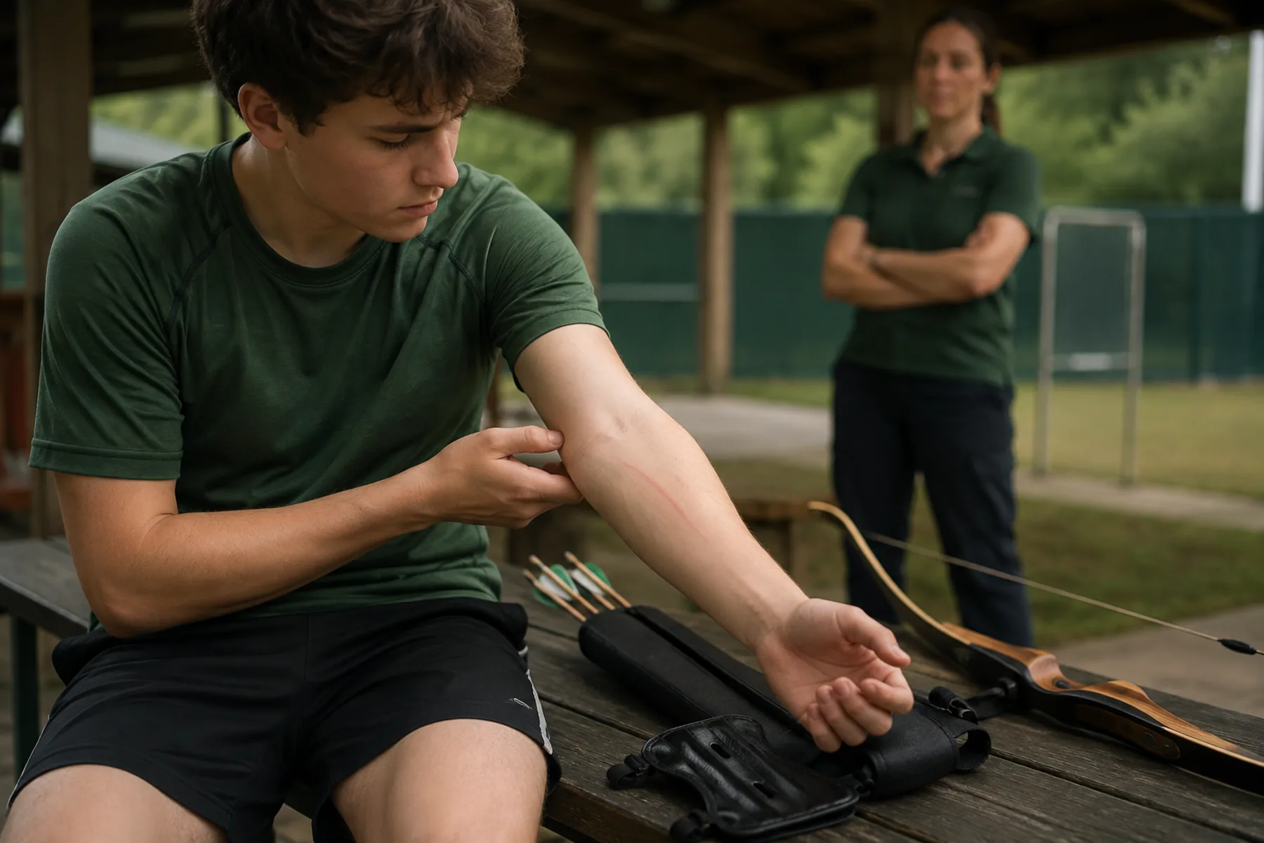 Beginner sitting on a club bench looking at a faint red line on his bare forearm, the arm guard resting beside his quiver