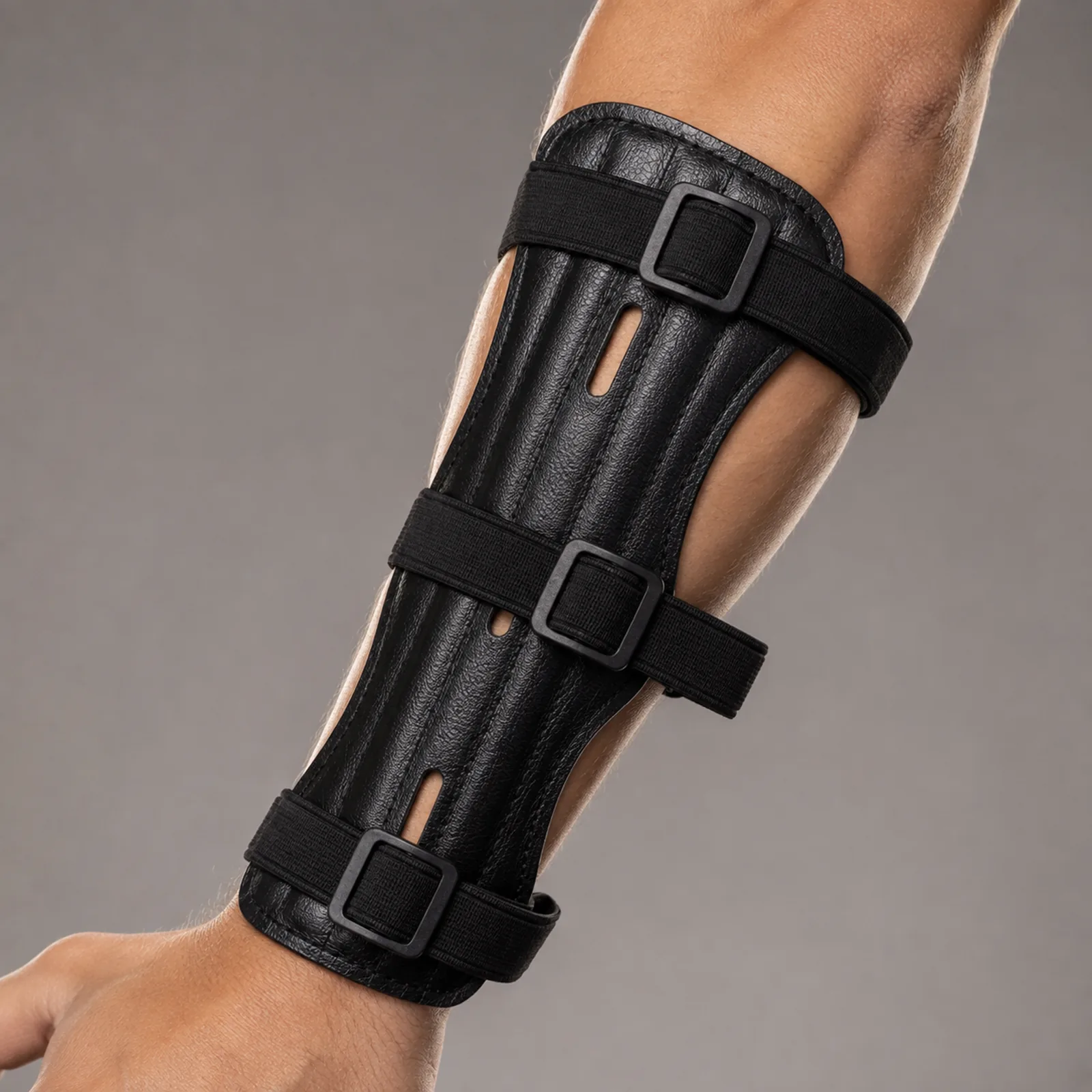 Close view of the three elastic straps and their individual sliding buckles on a worn arm guard